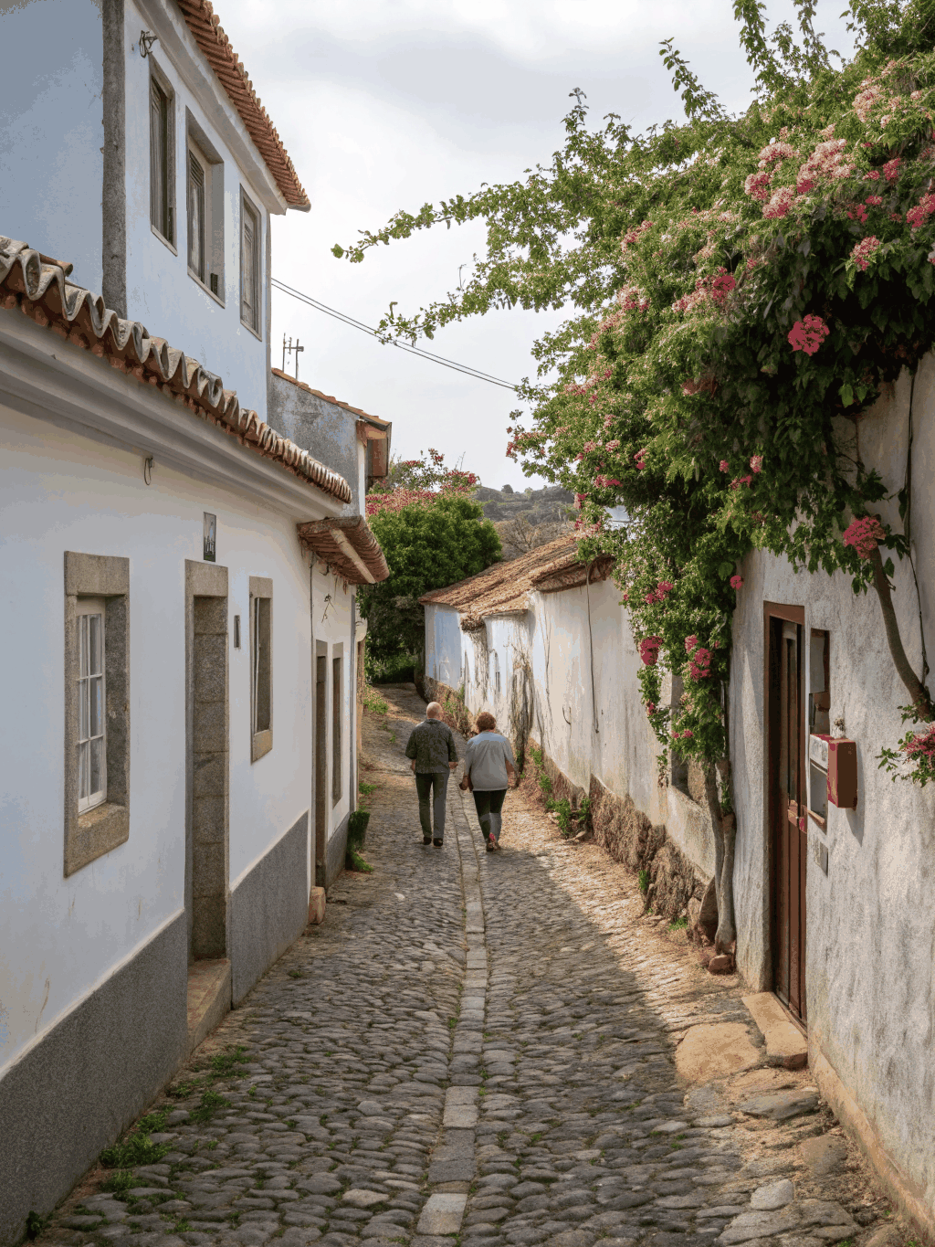 Cobblestone whitewashed street in Albaicín district of Granada