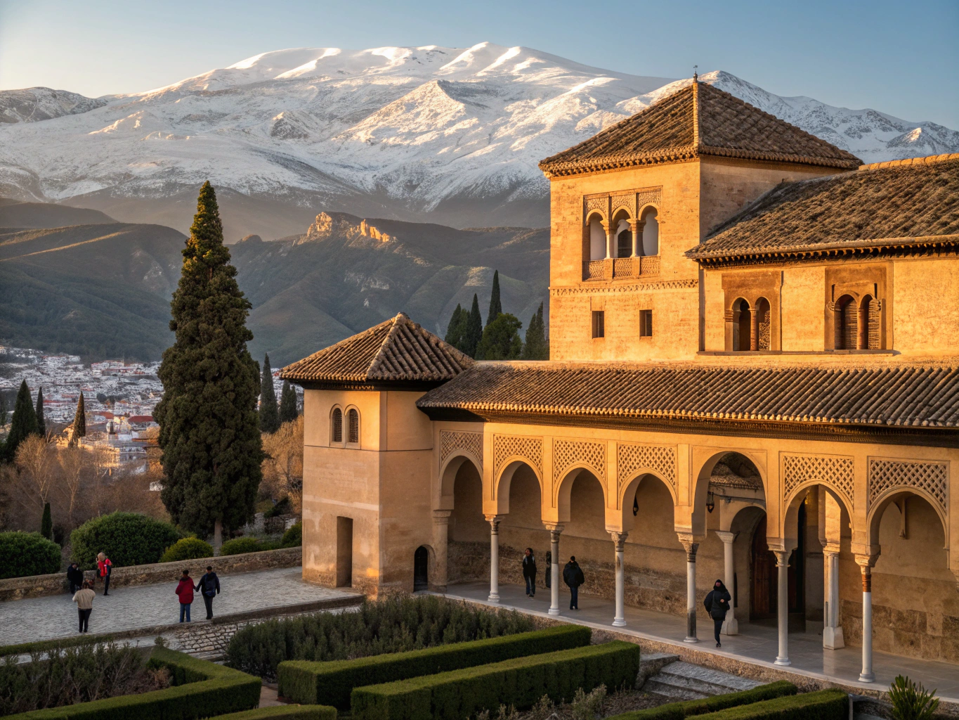 Panoramic view of the Alhambra palace complex in Granada at golden hour
