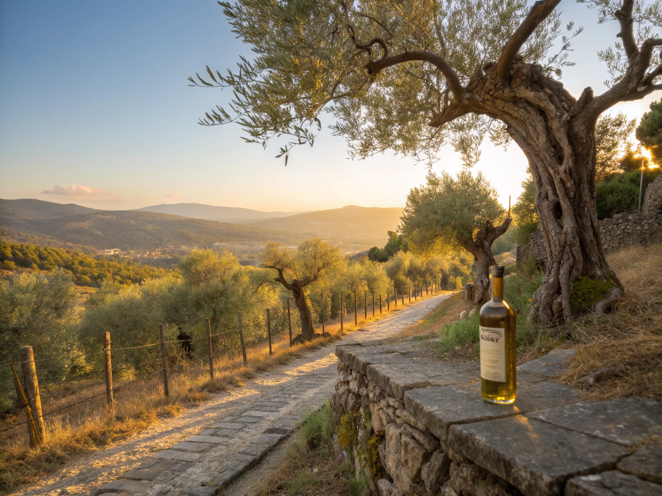 Terraced olive groves in southern Spain overlooking a whitewashed hillside village