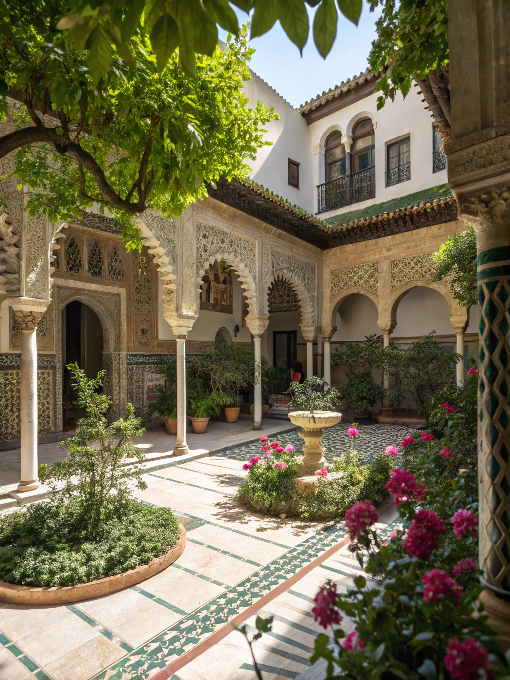 Historic sunlit Andalusian courtyard with arches and orange trees