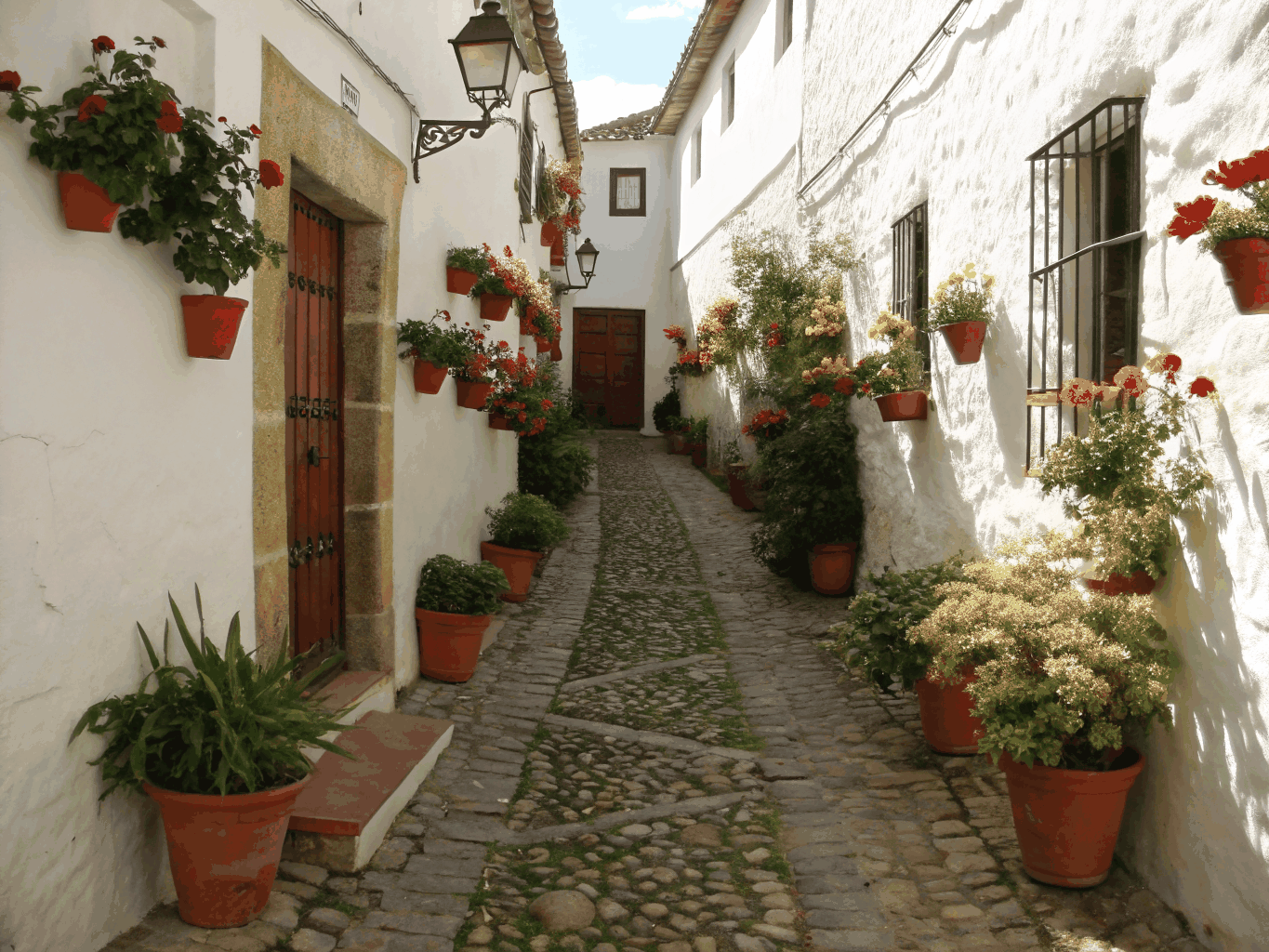 Charming cobblestone alley in a white village lined with handcrafted ceramic pots
