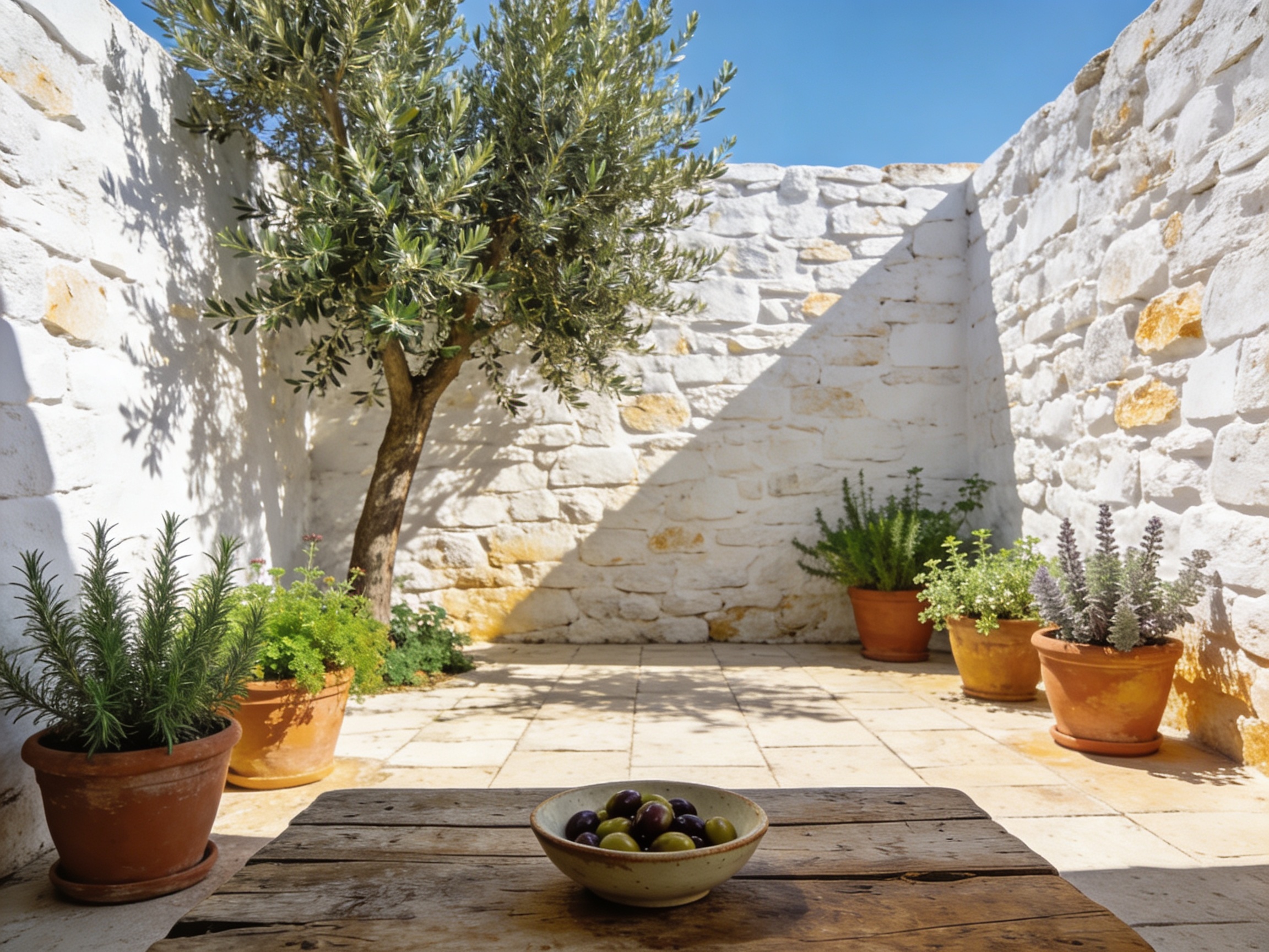 Sunlit traditional Andalucían courtyard in southern Spain with warm terracotta textures and blooming flowers