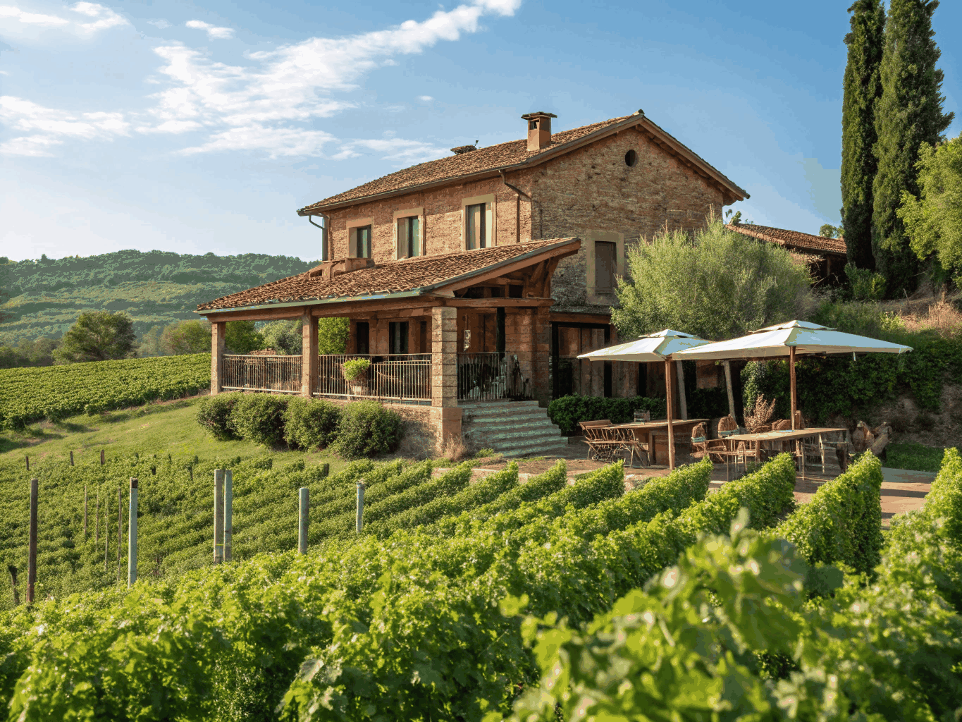 Rural Andalusian finca surrounded by vineyards and olive groves