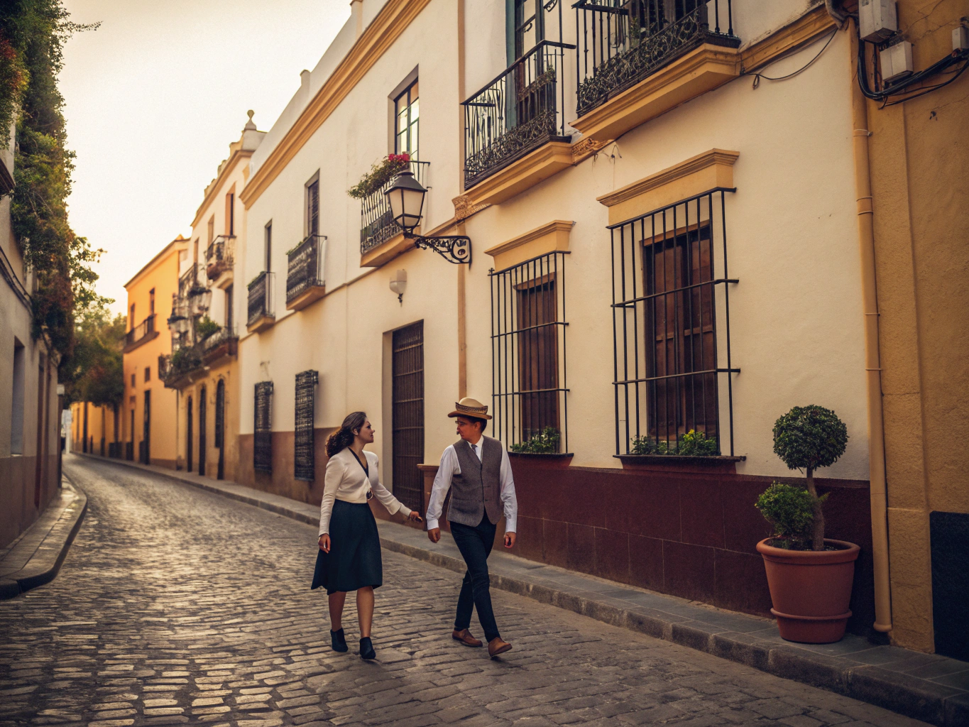 Couple strolling through historic sunlit Andalusian village