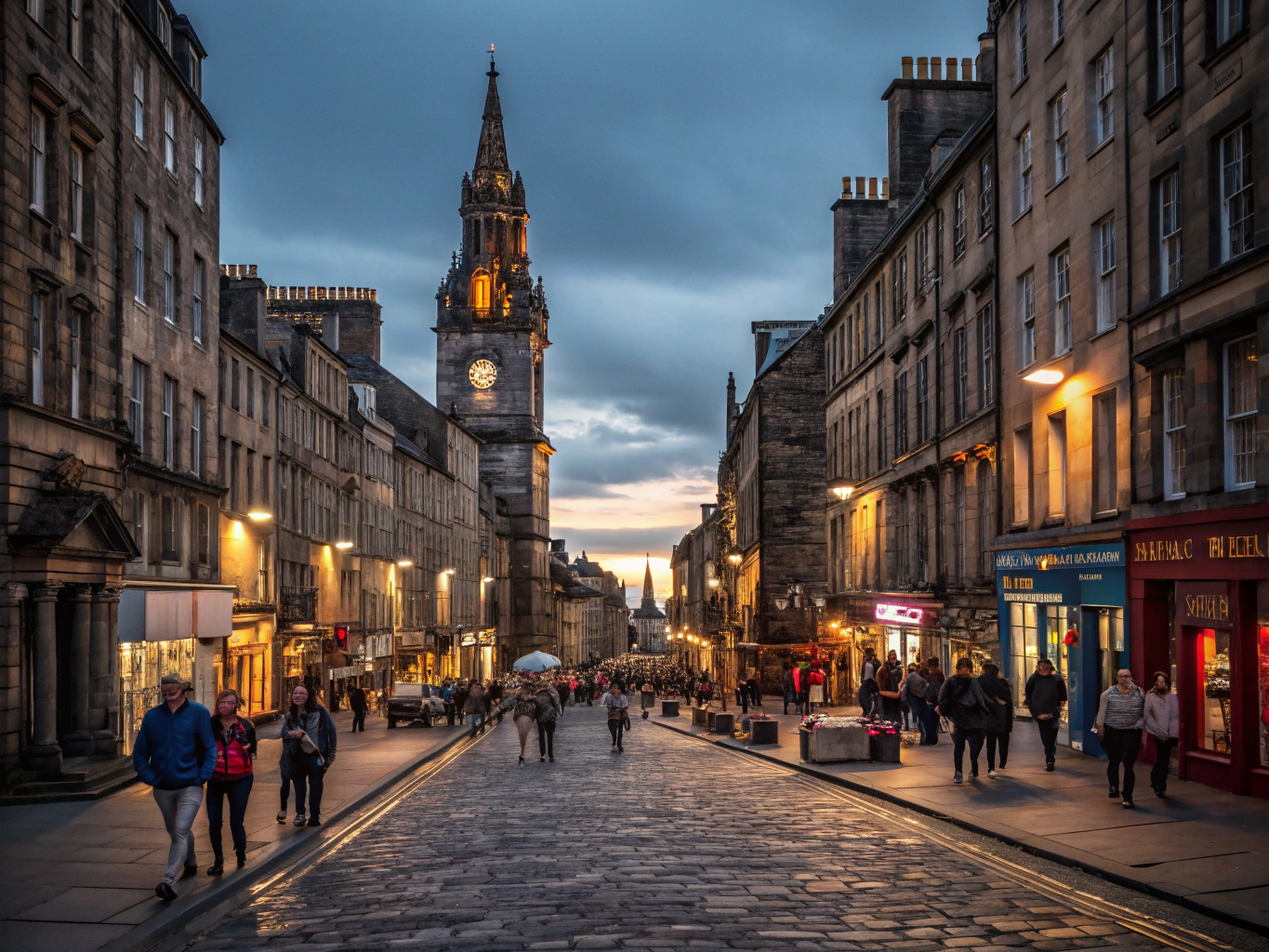 Cobblestoned narrow close illuminated by warm lantern light in Edinburgh Old Town
