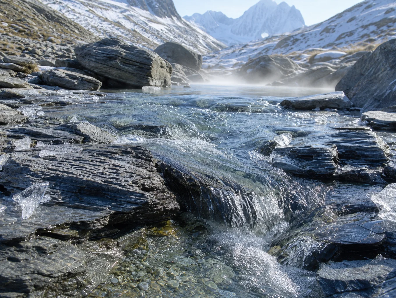 Cascading clear water running through stone pools at Fairy Pools Isle of Skye