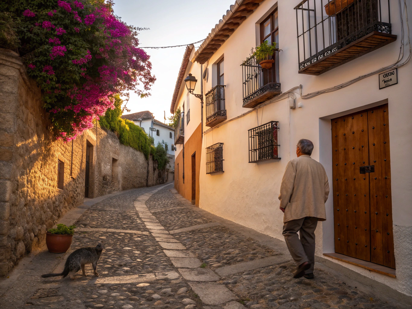 Charming stone alleys and blooming flower pots in the historic village of Frigiliana