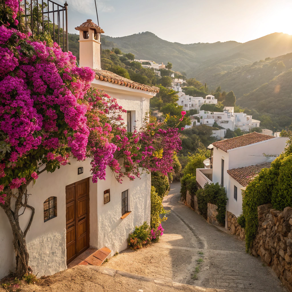 Frigiliana whitewashed mudéjar village with stone cobbled steps and colourful flower pots