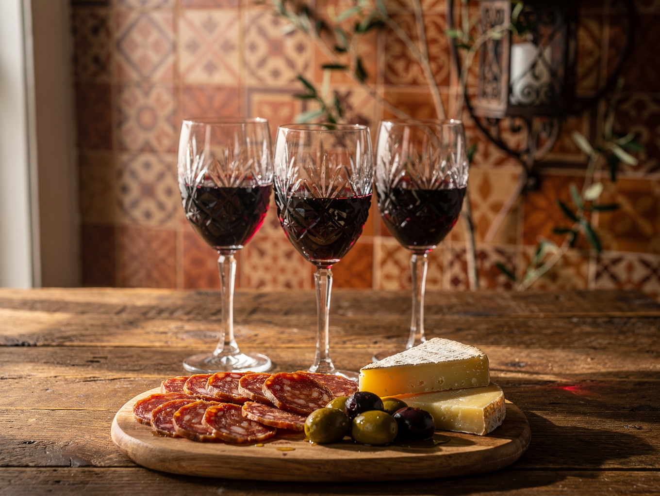 Artisanal Moscatel wine glasses and cane honey on a rustic wooden table in Frigiliana