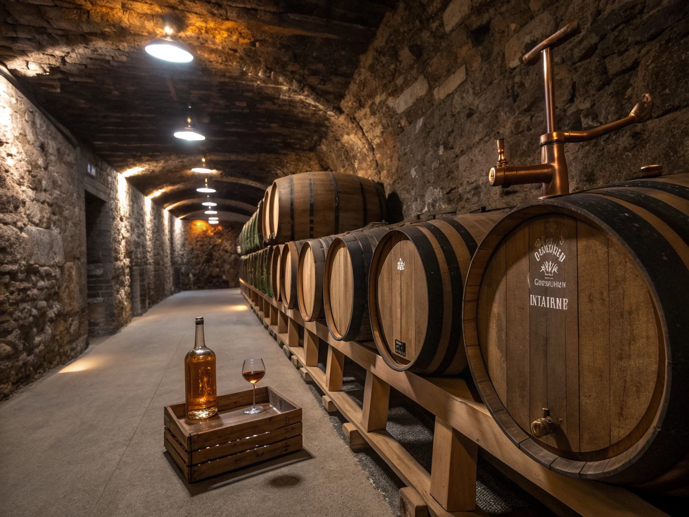 Oak barrels and amber whisky glasses inside an intimate stone Highland cellar