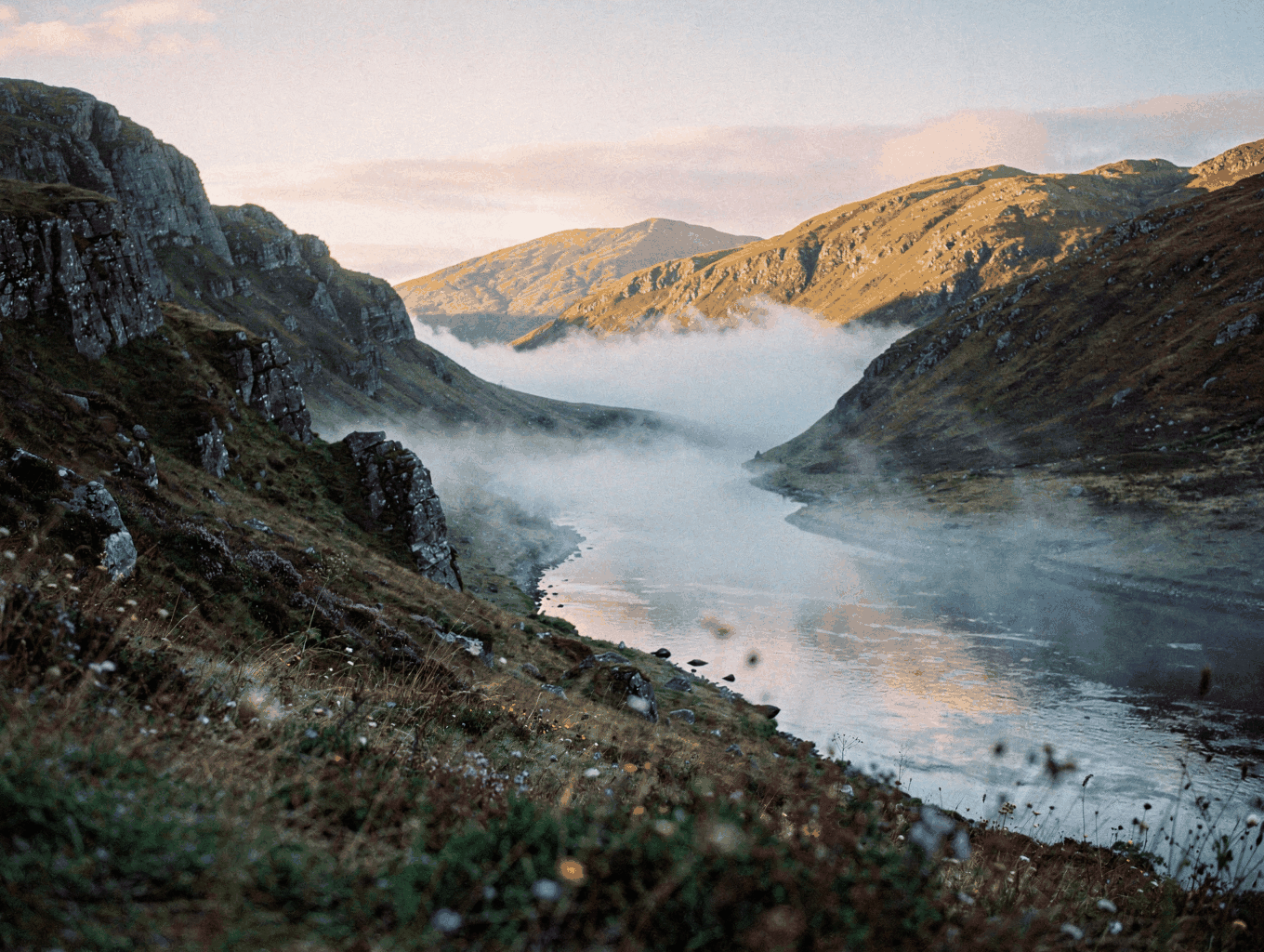 Panoramic view of a Scottish Highlands glen in morning mist