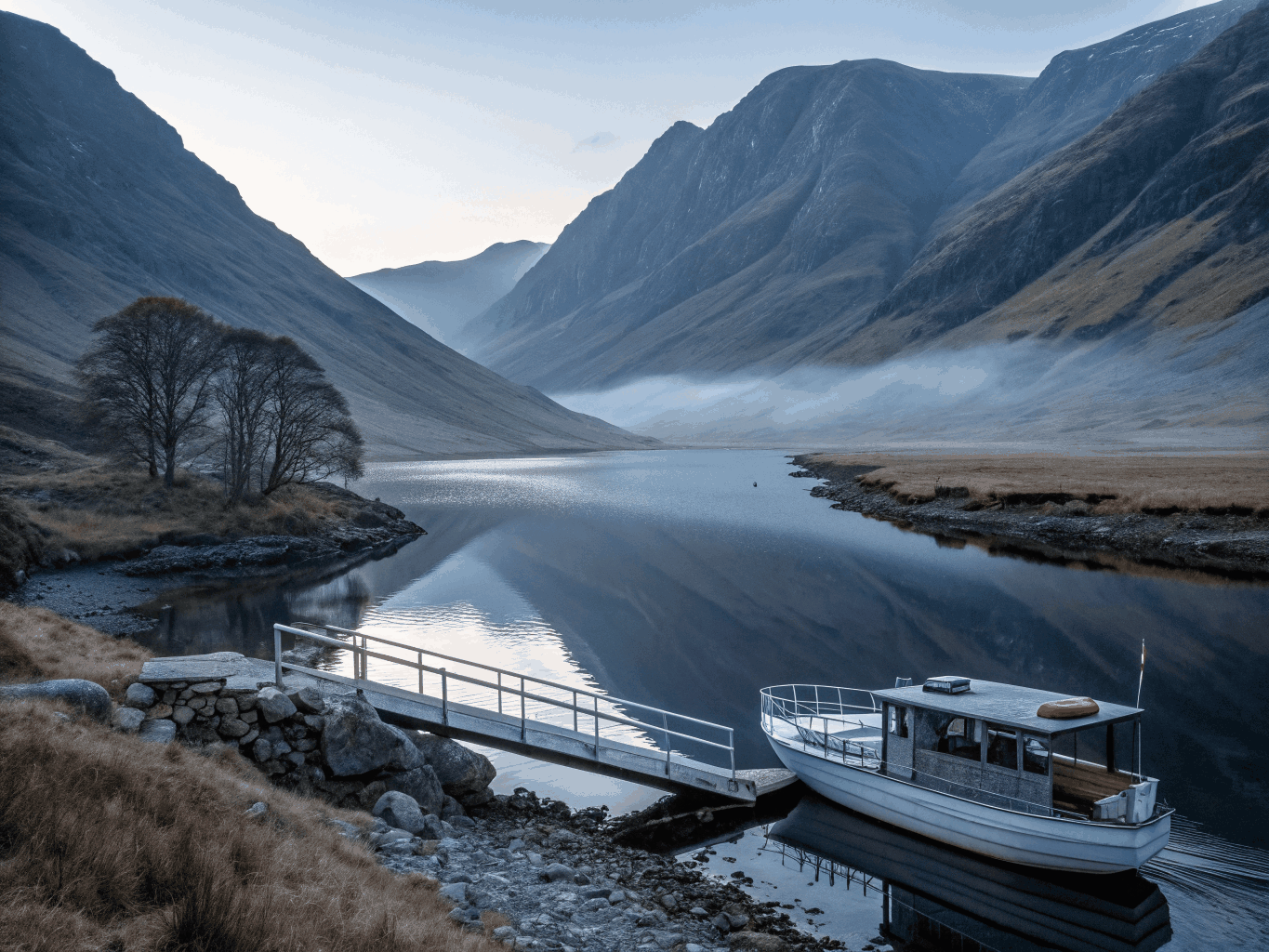 Private wooden boat on calm waters of Loch Ness near ancient ruins