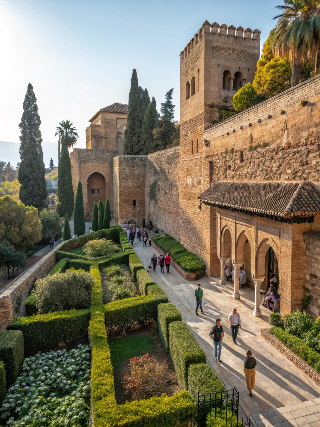 Panoramic view of Málaga Alcazaba fortress and historic harbor at sunset
