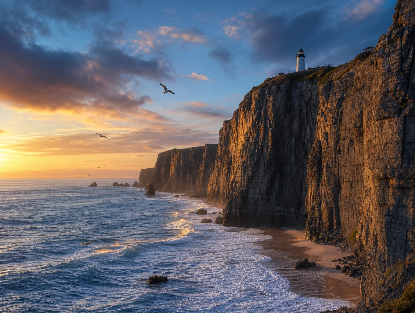 Scenic sea cliffs leading down to Neist Point lighthouse at sunset