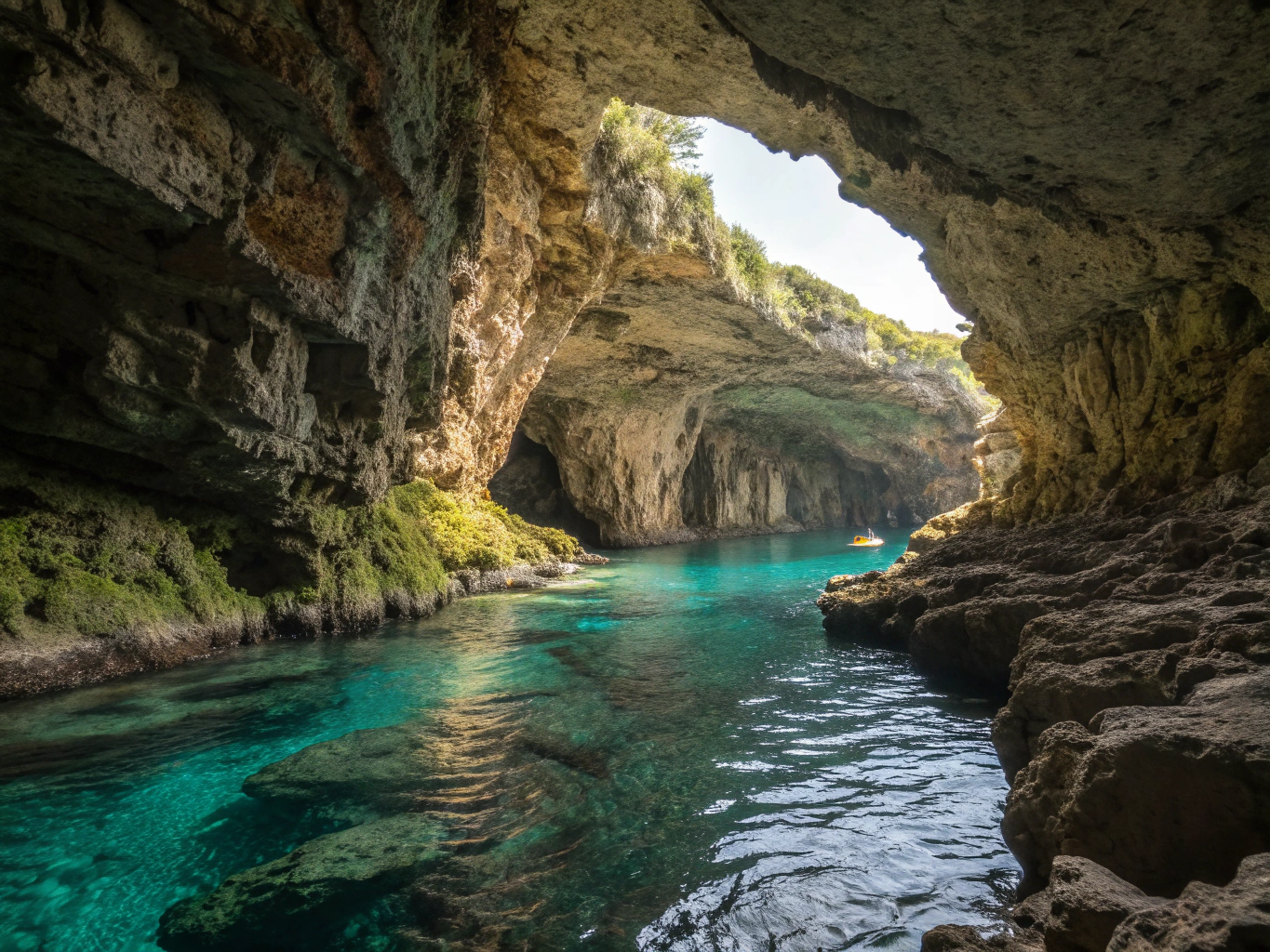 Spacious illuminated caverns and stalactites in Cuevas de Nerja