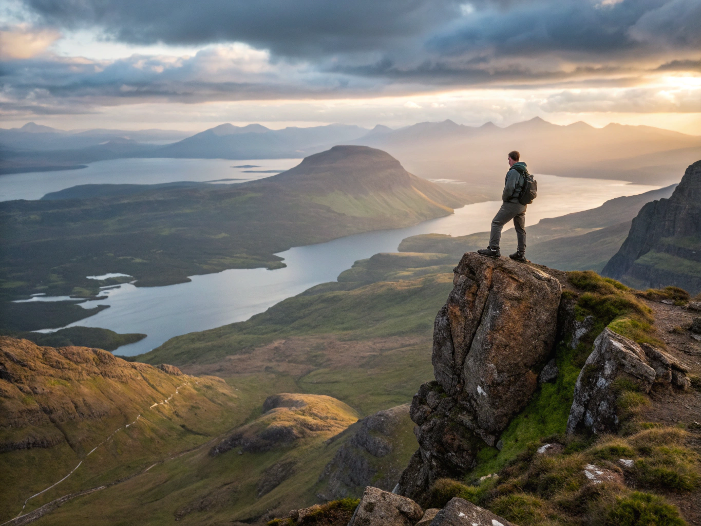 Private driver guide and travelers admiring scenic Scottish loch from a mountain viewpoint
