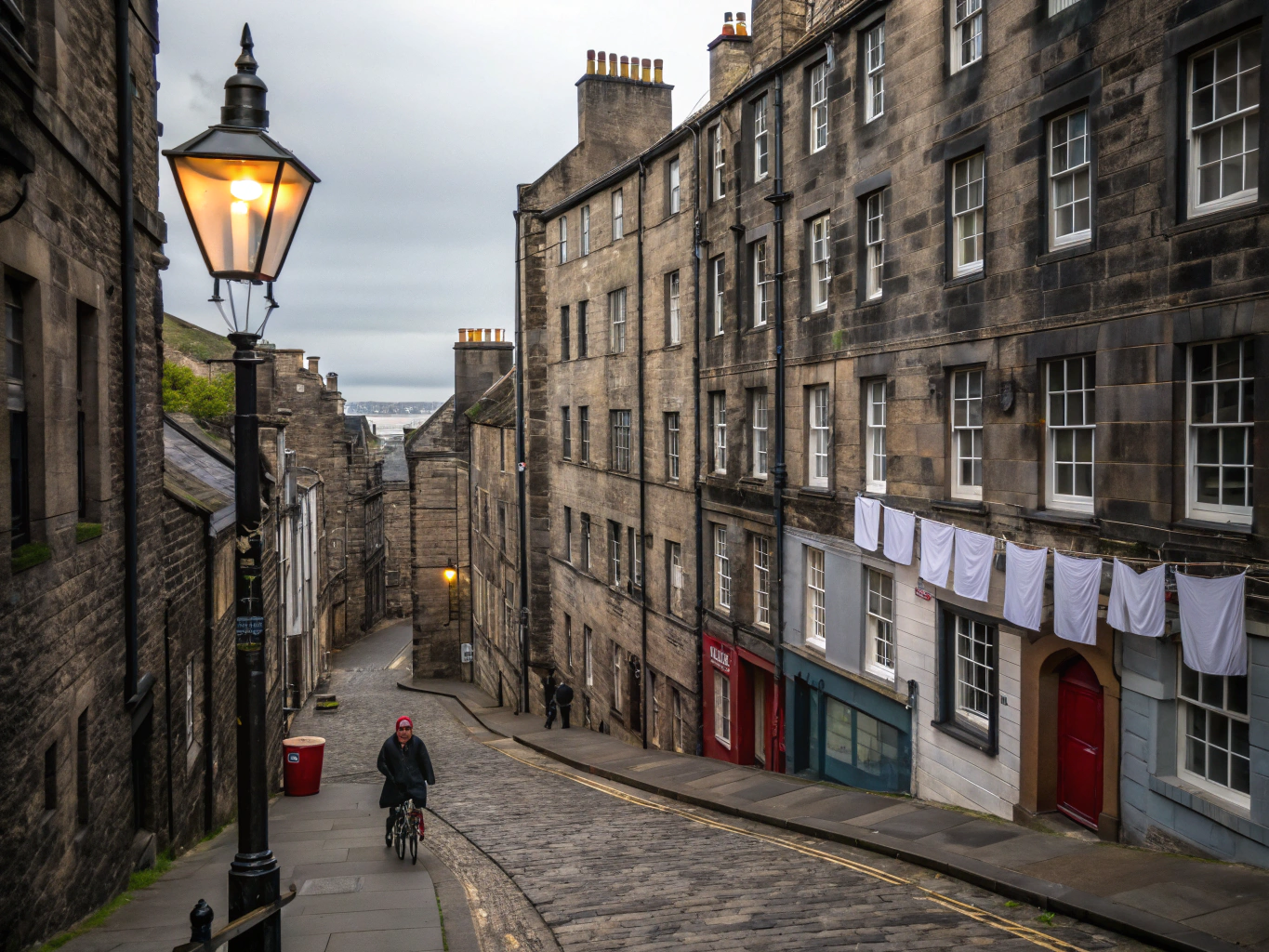 Historic cobblestone alleyway in Edinburgh Old Town with ancient stone walls