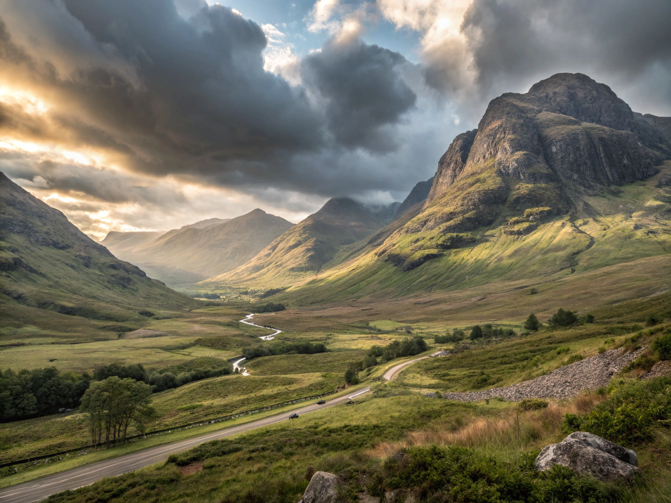 Atmospheric Scottish Highlands scenery with dramatic mountains and rolling mist