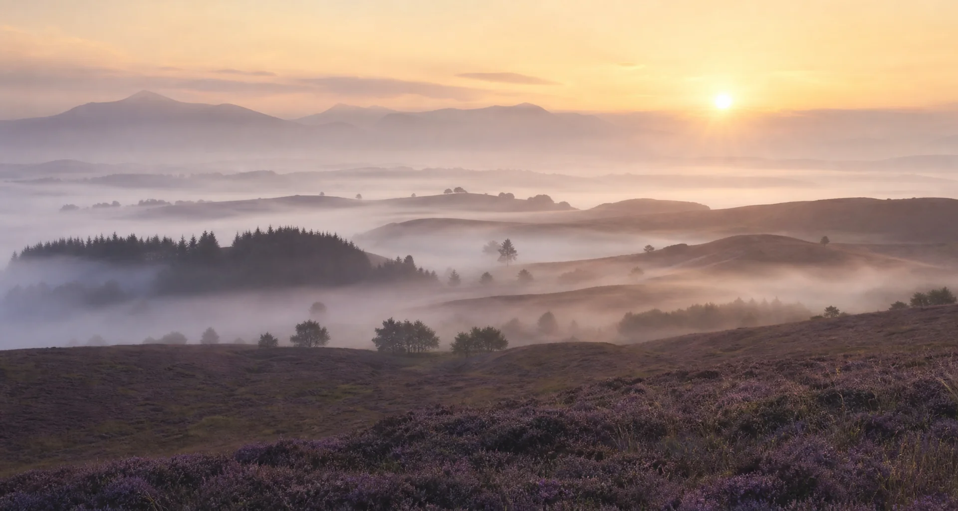 Misty Scottish Highlands and serene loch landscape at dawn