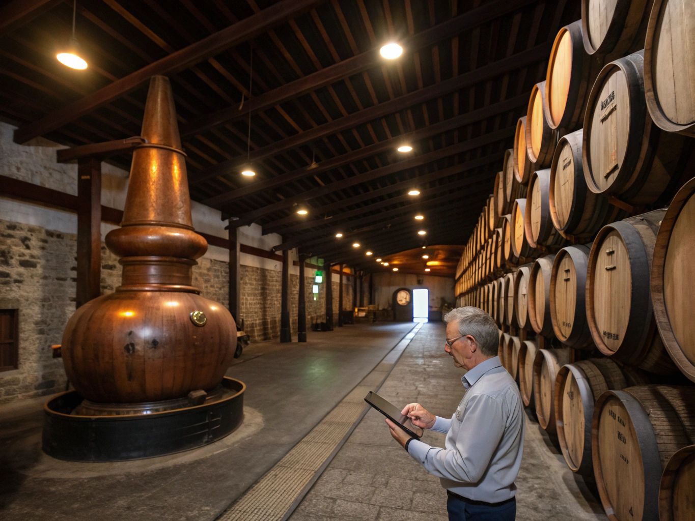 Copper whisky stills inside a traditional Speyside distillery