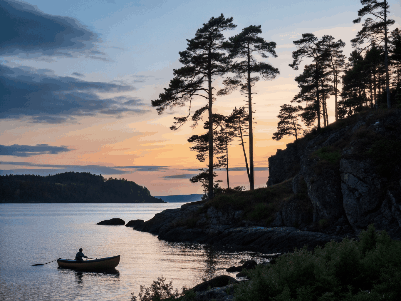Calm Scottish loch with soft twilight sky and mountain reflections