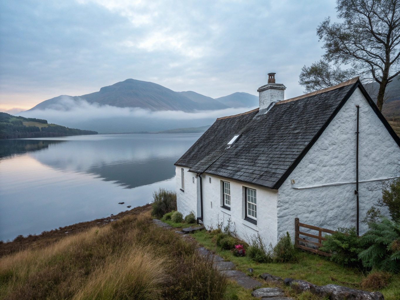 Traditional whitewashed stone cottage nestled beneath Scottish Highland peaks