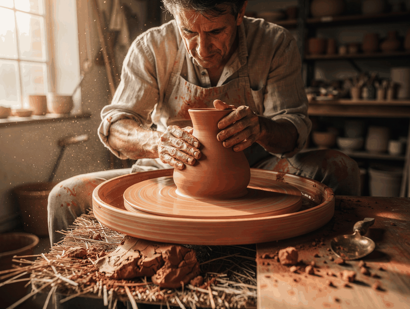 Artisan potter crafting hand-thrown ceramics inside an Andalusian courtyard studio