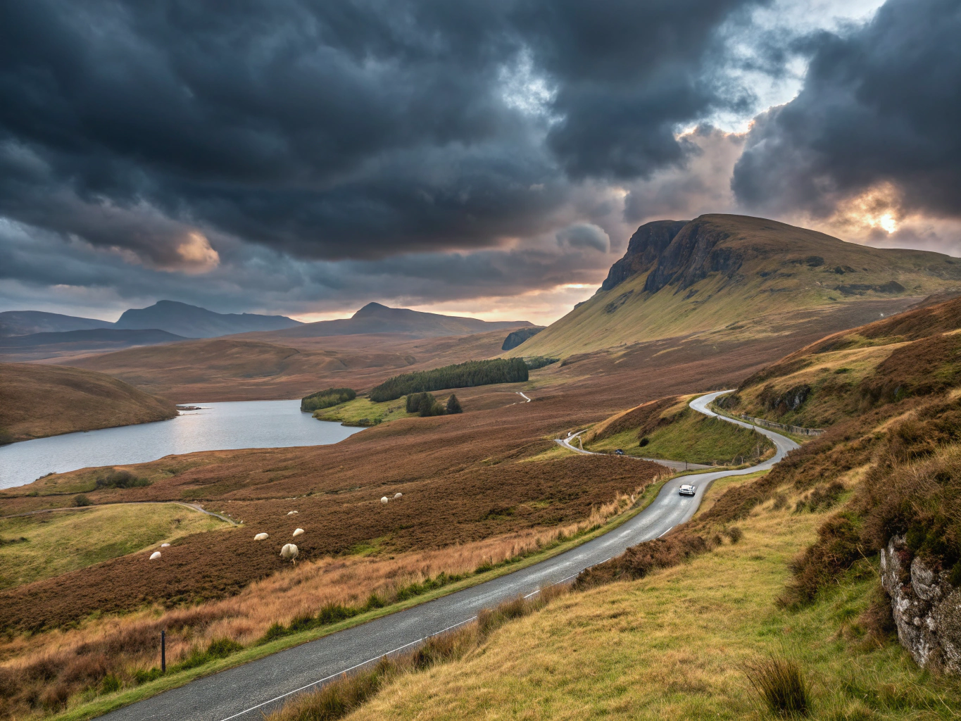 Panoramic green ridge and rugged cliffs of Trotternish peninsula