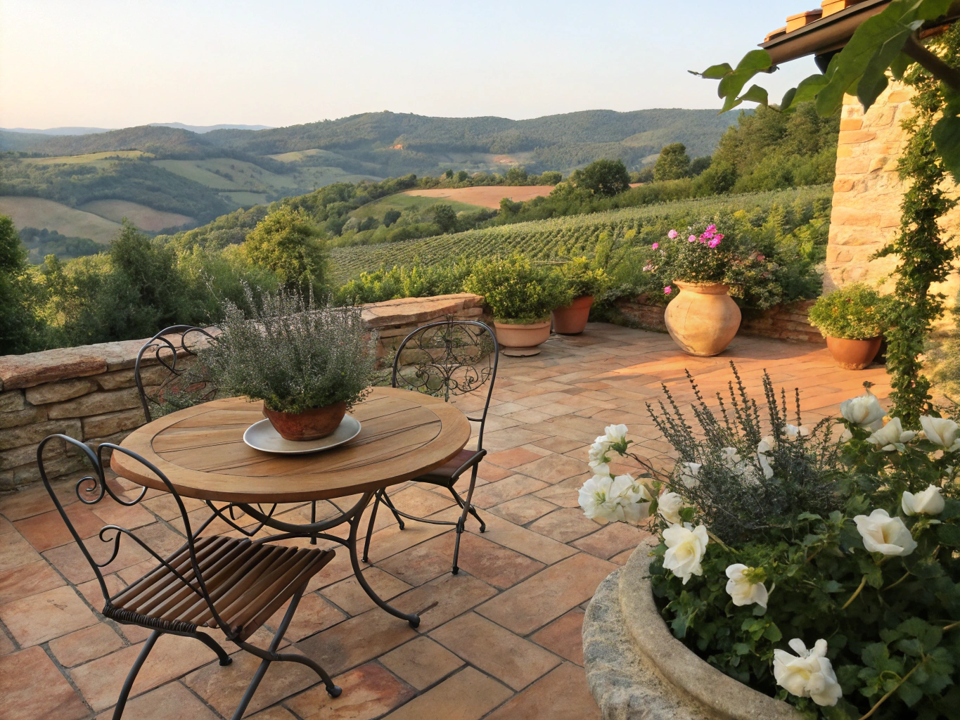 Charming stone terrace dining table overlooking whitewashed village alleys with fresh local dishes