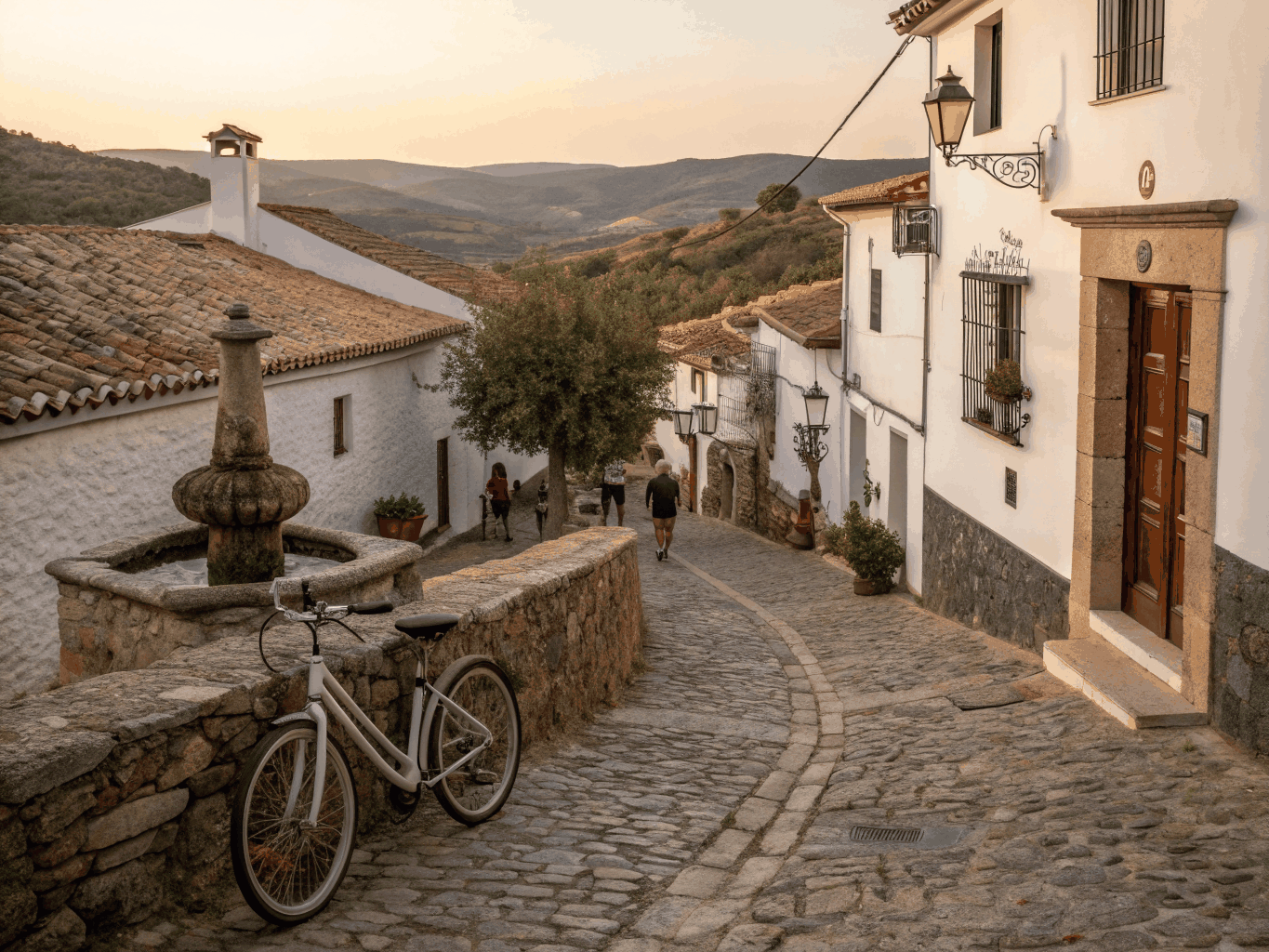 Narrow whitewashed village street in southern Spain with cobblestones and flowering pots